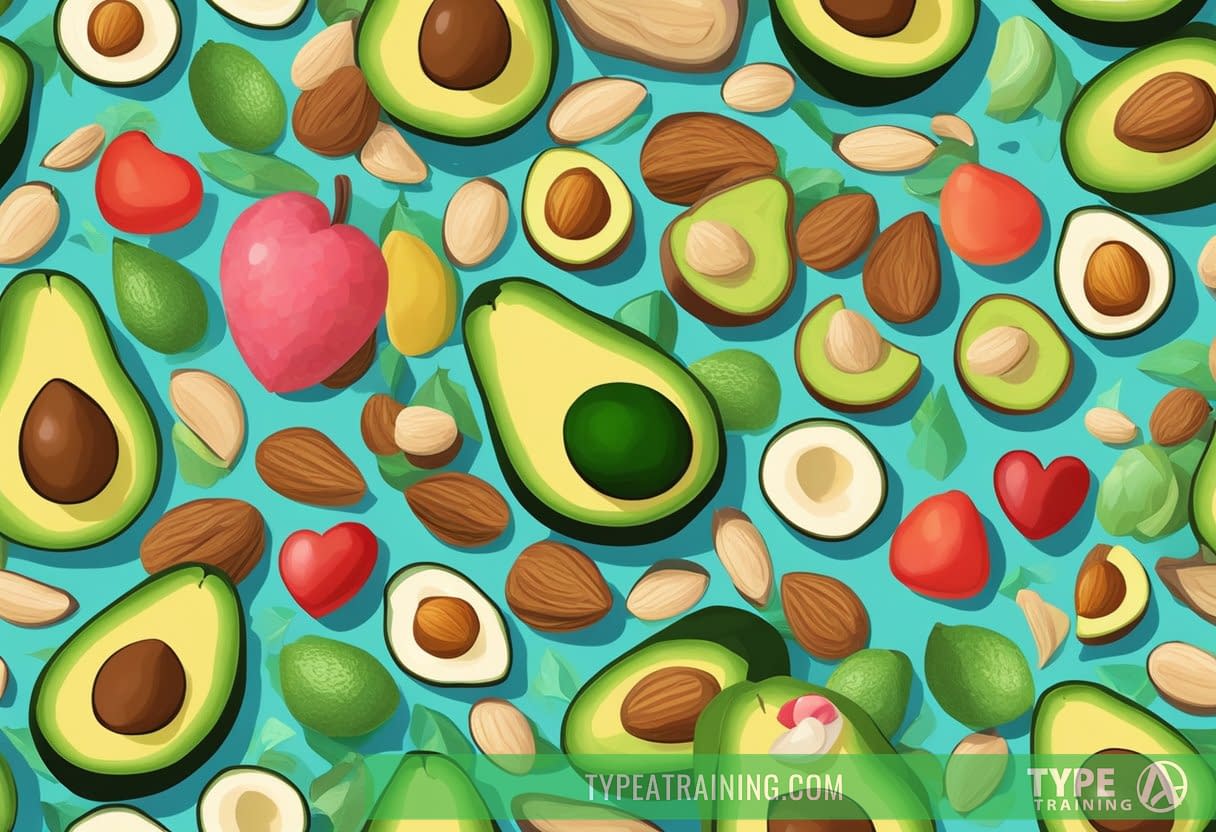 A colorful array of avocados, nuts, and fish on a vibrant background, with a heart symbolizing heart health