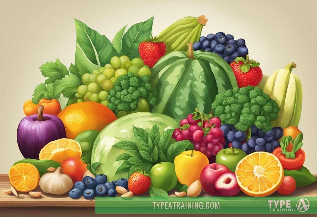 A colorful array of vibrant fruits, vegetables, nuts, and seeds arranged in an enticing display, showcasing the diverse and nutritious world of plant-based foods