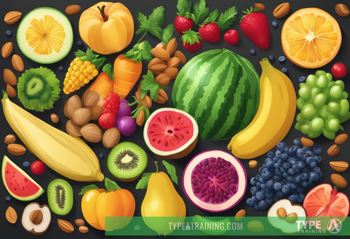 A vibrant array of colorful fruits, vegetables, nuts, seeds, and grains arranged in a visually appealing display, showcasing the top superfoods for a healthy diet