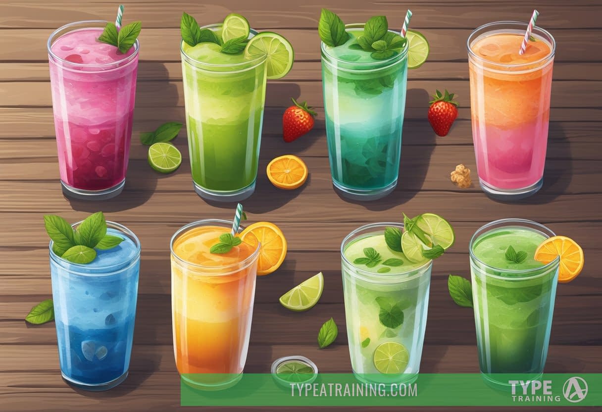 A colorful array of healthy drinks, including fruit smoothies, herbal teas, and coconut water, are displayed on a rustic wooden table. Each beverage is garnished with fresh fruit and herbs, enticing the viewer with their refreshing appeal