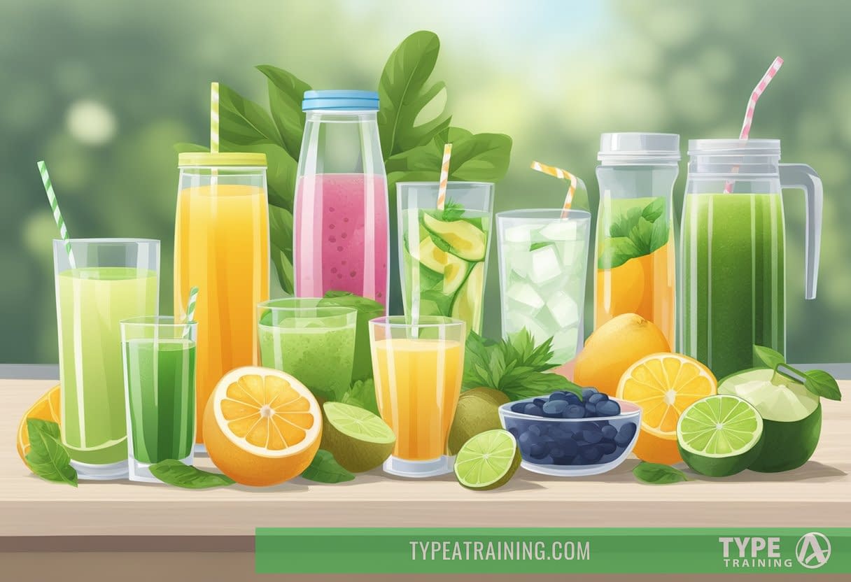 Various healthy drink options displayed on a table, including fruit-infused water, herbal tea, green smoothie, coconut water, and vegetable juice