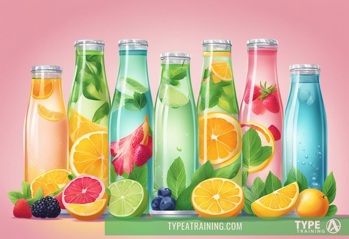 A colorful display of low-calorie drink options, including fruit-infused water, herbal teas, and sparkling water, arranged on a bright, inviting background