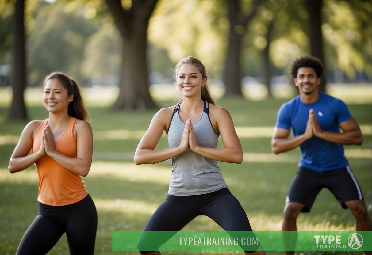 Teenagers exercising in a park, playing sports and doing yoga. Smiling and energetic, enjoying the benefits of physical activity