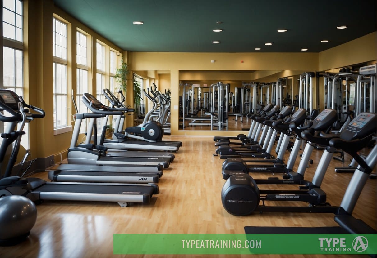 A gym filled with age-appropriate exercise equipment for teenagers, including free weights, resistance bands, and cardio machines. A trainer demonstrates proper technique for each exercise