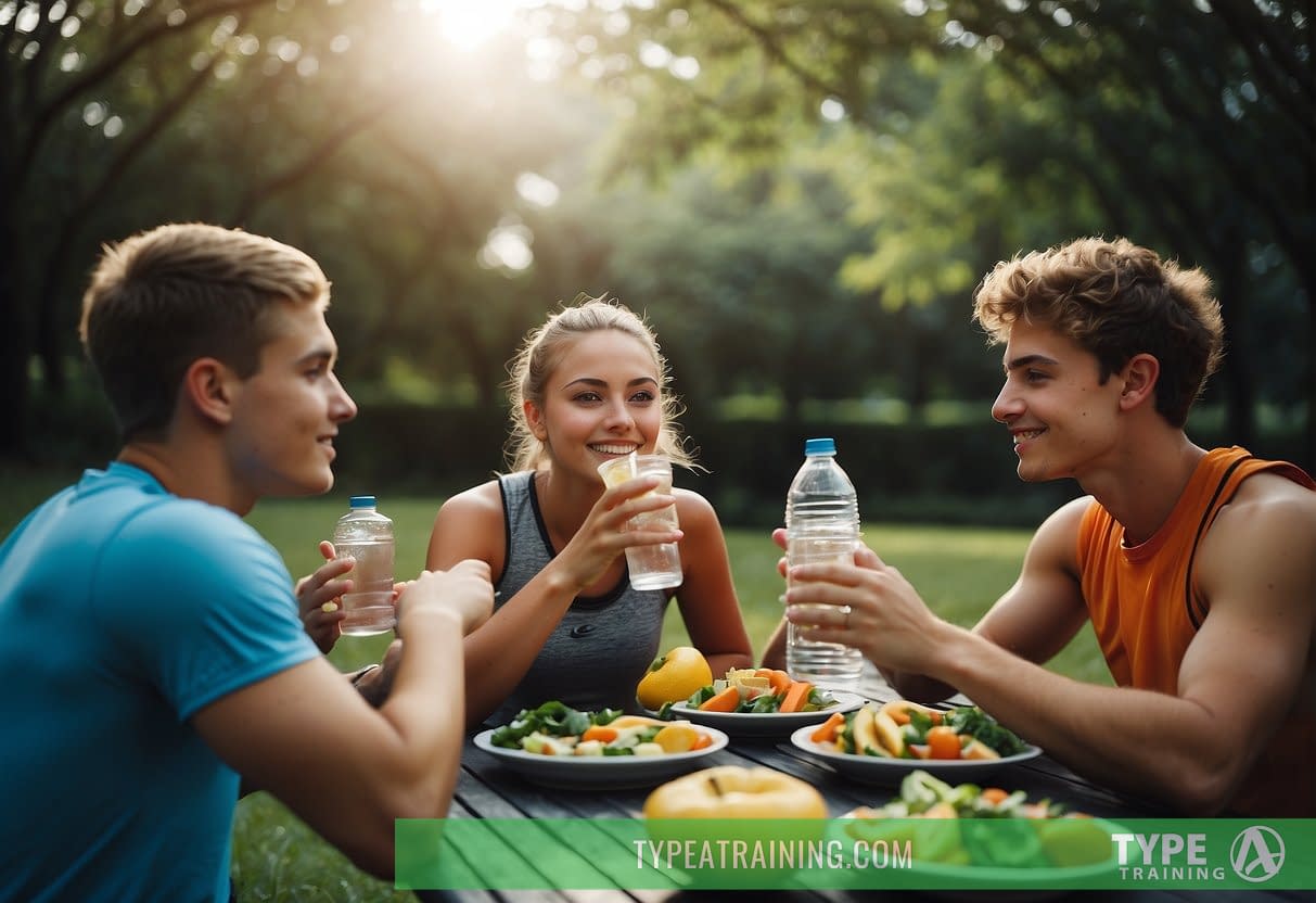 Teenagers enjoying a healthy meal and drinking water after a vigorous workout