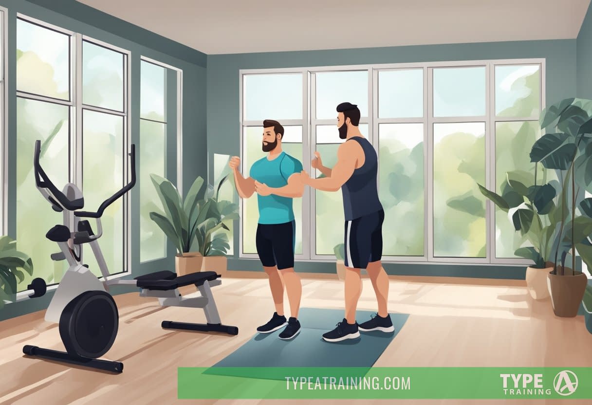 A personal trainer guides a client through exercises in a home gym, tracking progress and celebrating results