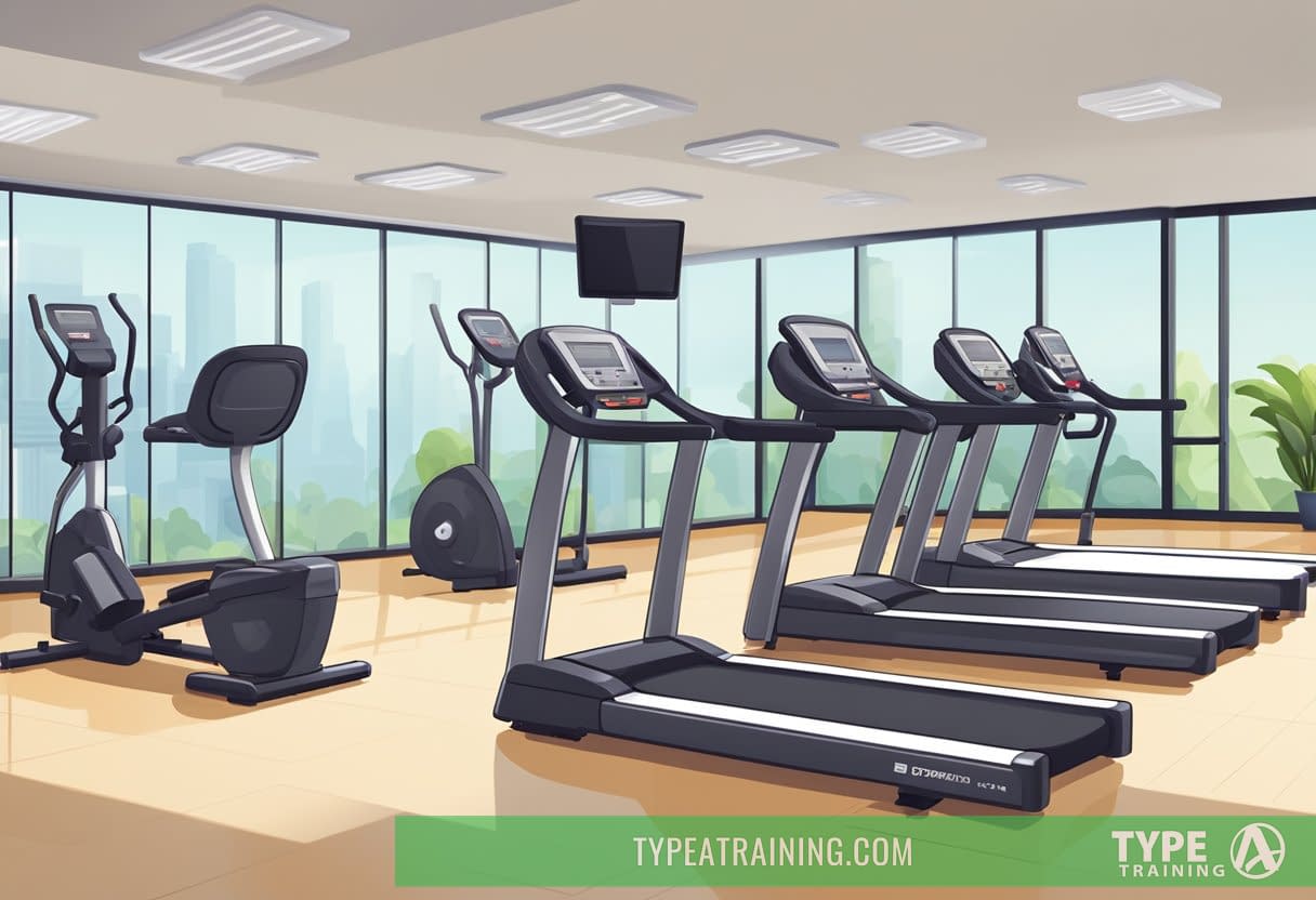 A diverse group of gym equipment, including treadmills, weights, and exercise machines, are arranged in a spacious, well-lit gym. A price list and information about amenities are prominently displayed at the front desk