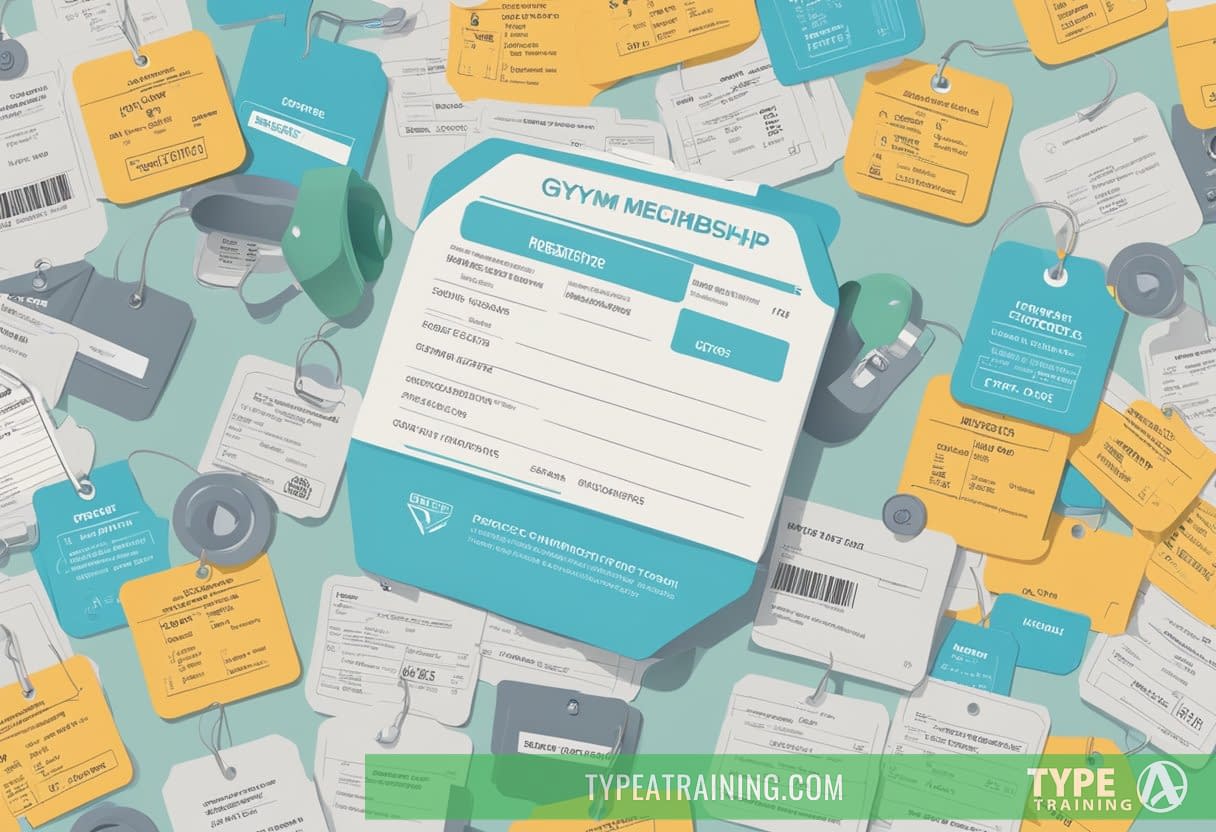 A gym membership card surrounded by various price tags and a list of factors to consider, such as location, amenities, and contract terms