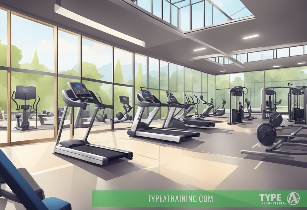 A gym with modern equipment, spacious layout, and natural lighting. Convenient location with ample parking. Signage displaying membership costs and amenities