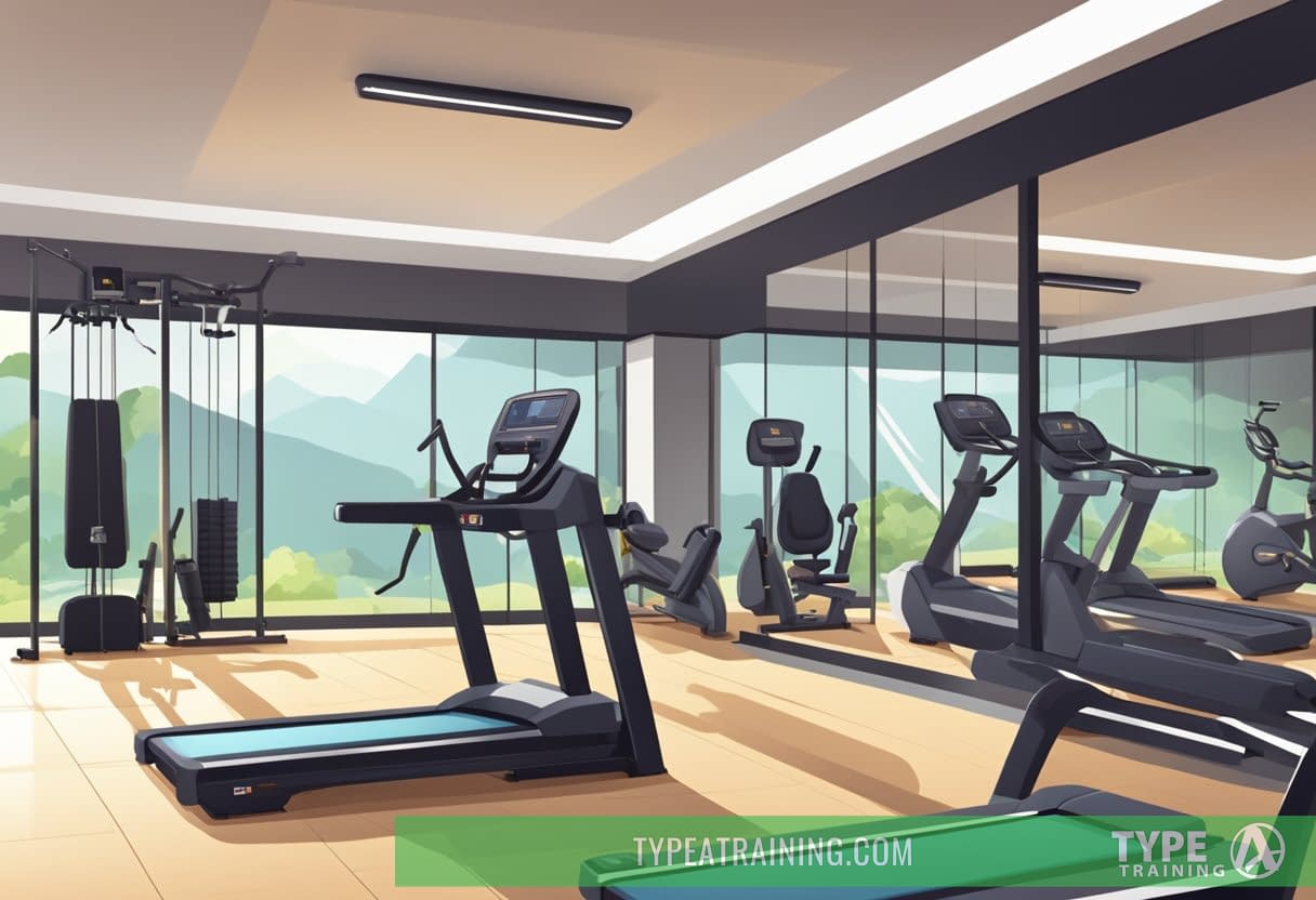 The gym is spacious, with modern equipment neatly arranged. Bright lighting and clean facilities create an inviting atmosphere. A price list and membership options are prominently displayed