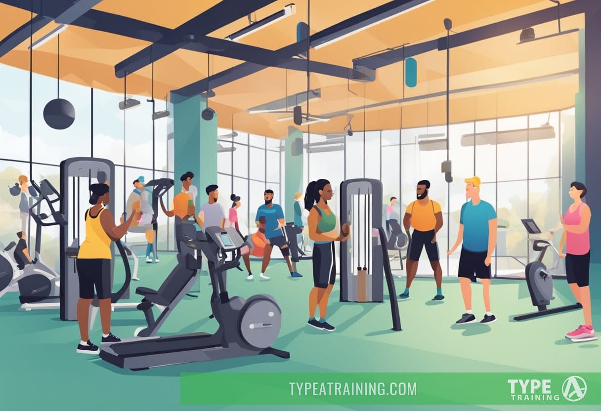 A diverse group of people chat and exercise in a gym, with various equipment and amenities visible. Signs display membership costs and community events