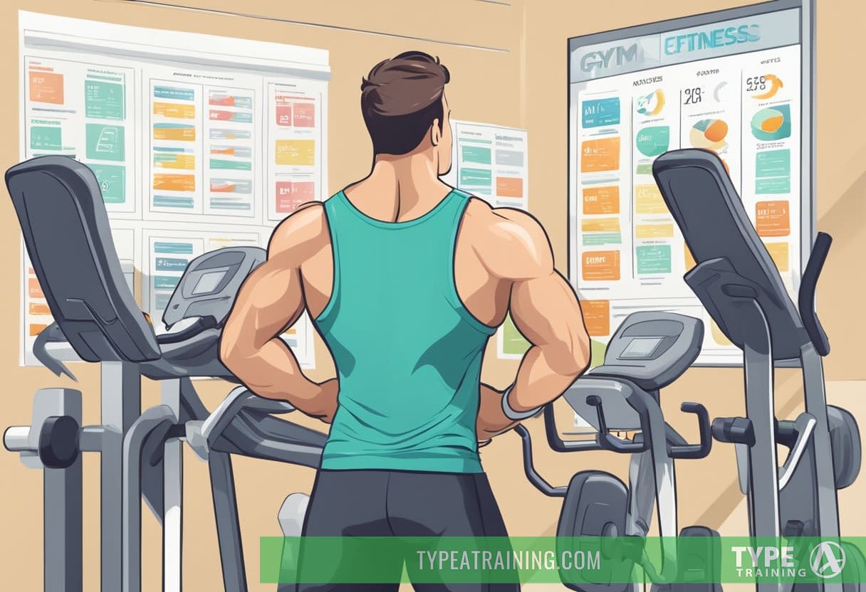 A person comparing gym costs and amenities, surrounded by fitness equipment and price lists