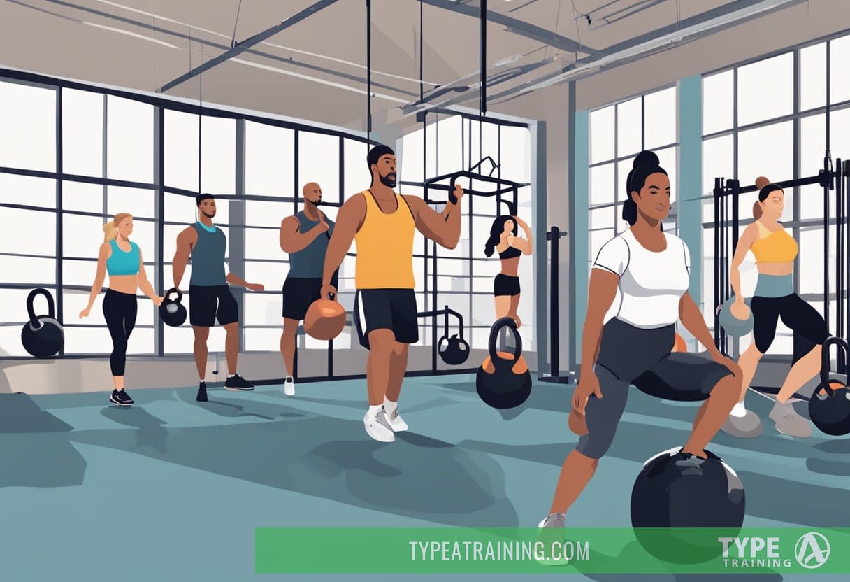 A diverse group of people performing various HIIT exercises in a gym setting, with equipment such as kettlebells, battle ropes, and plyometric boxes