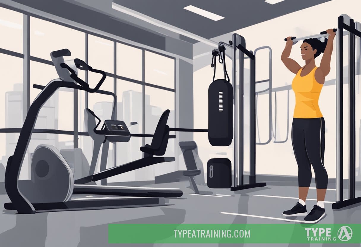 A person adjusting workout equipment for HIIT. Timer set, water bottle nearby. Sweat towel hanging on a rack. Gym environment