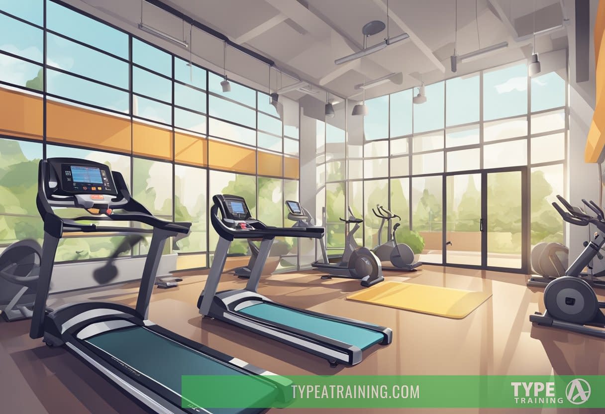 A gym setting with various workout equipment, such as treadmills, weights, and exercise bikes. The environment is bright and energetic, with motivational quotes and posters on the walls