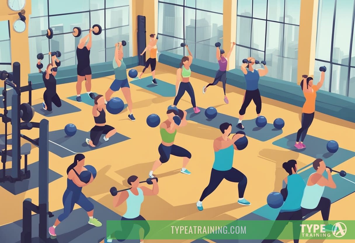 A group of people doing various high-intensity exercises in a gym setting, with equipment such as kettlebells, jump ropes, and medicine balls