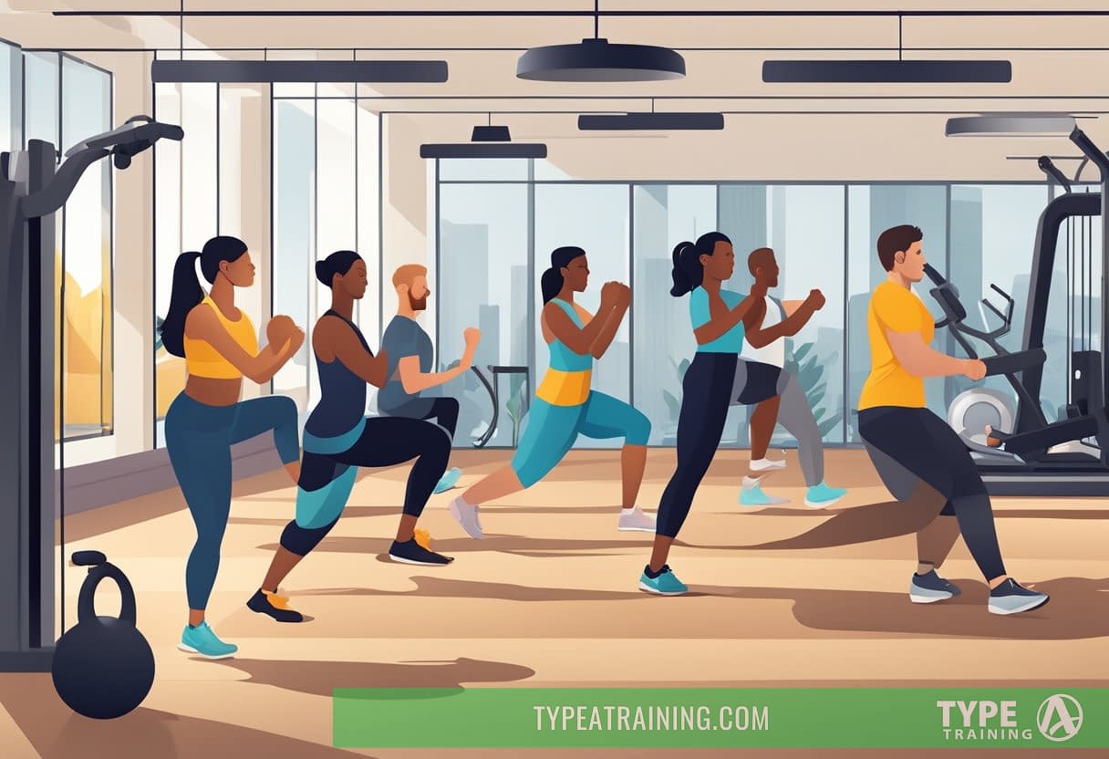 A group of people are engaged in various high-intensity interval training (HIIT) workouts, such as Tabata and EMOM, in a gym setting with equipment and timers