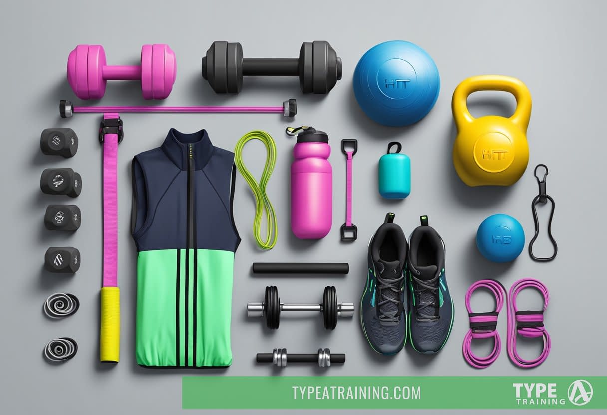 A variety of HIIT equipment arranged neatly, including dumbbells, kettlebells, resistance bands, jump ropes, and a timer