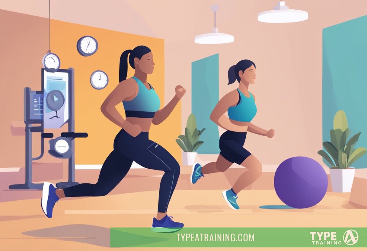 A person is doing a high-intensity interval training workout focused on cardiovascular health. The workout includes various types such as Tabata and EMOM