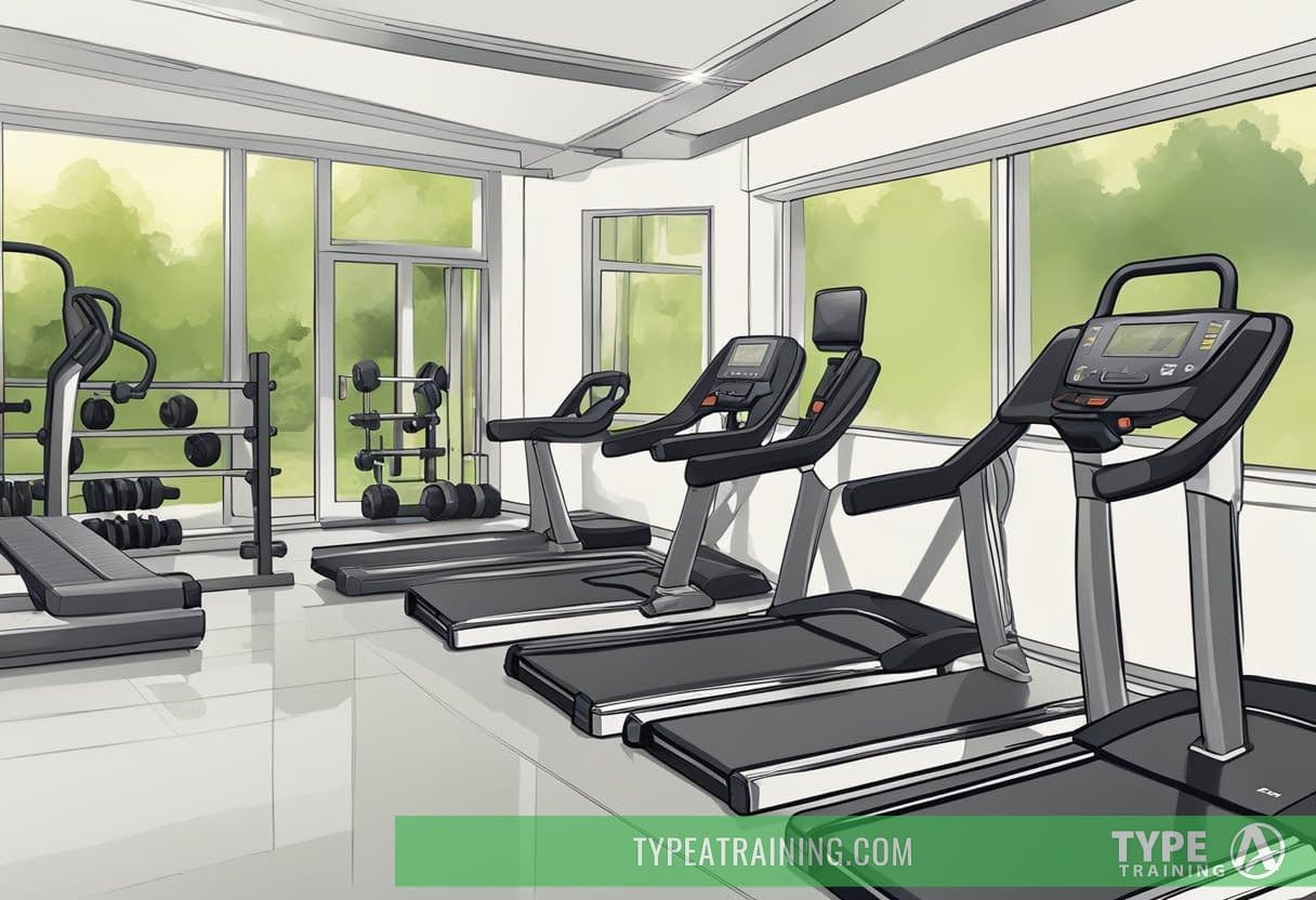 A high-intensity interval training (HIIT) scene with various equipment and open space for dynamic movements. Timer and workout stations show variety in exercises