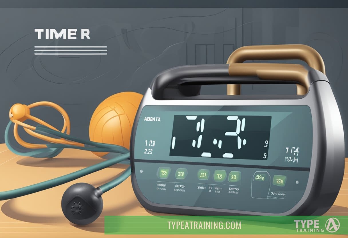 A timer displays intervals for various HIIT workouts, including Tabata and EMOM, with equipment such as kettlebells and jump ropes nearby