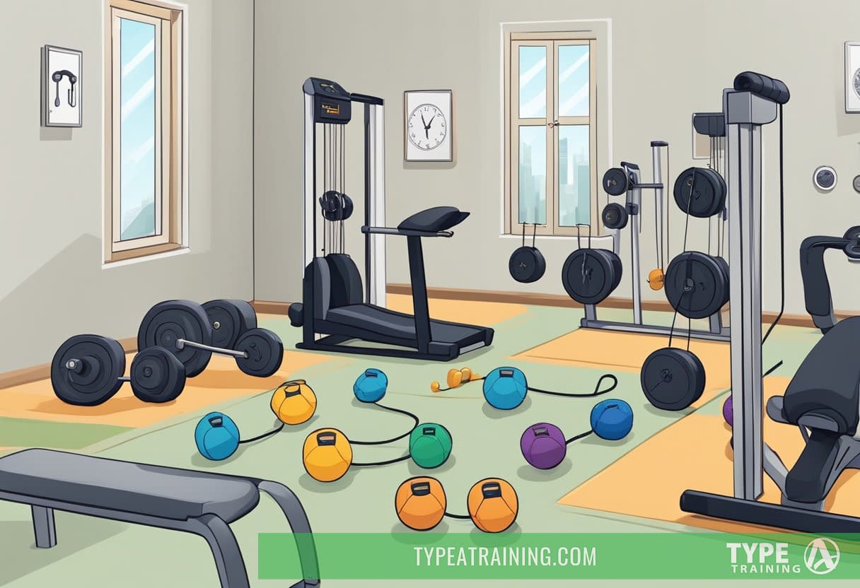 A timer beeps every minute as various exercises are performed in a gym setting. Equipment such as dumbbells, kettlebells, and jump ropes are scattered around the room