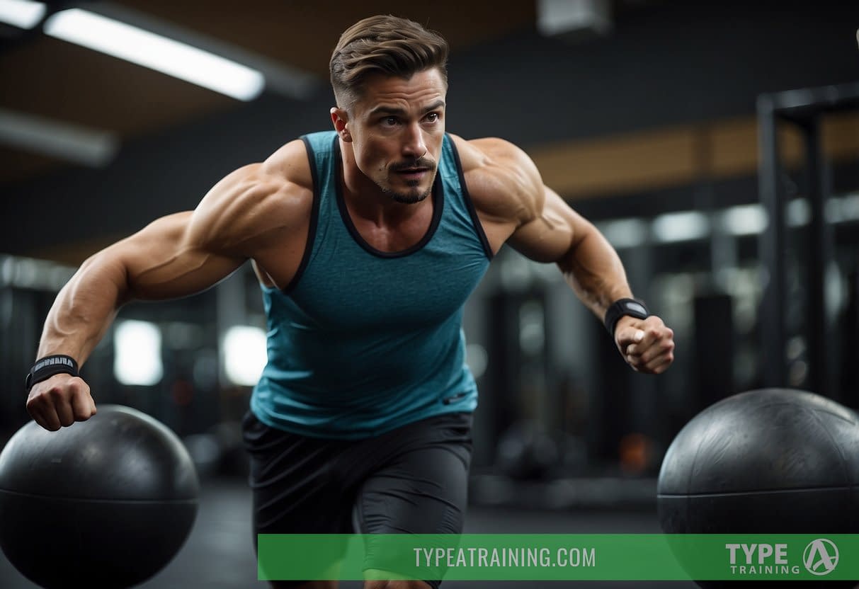 A person is performing a high-intensity interval training workout, alternating between intense bursts of exercise and short rest periods. The scene is filled with energy and determination, capturing the dynamic nature of HIIT workouts