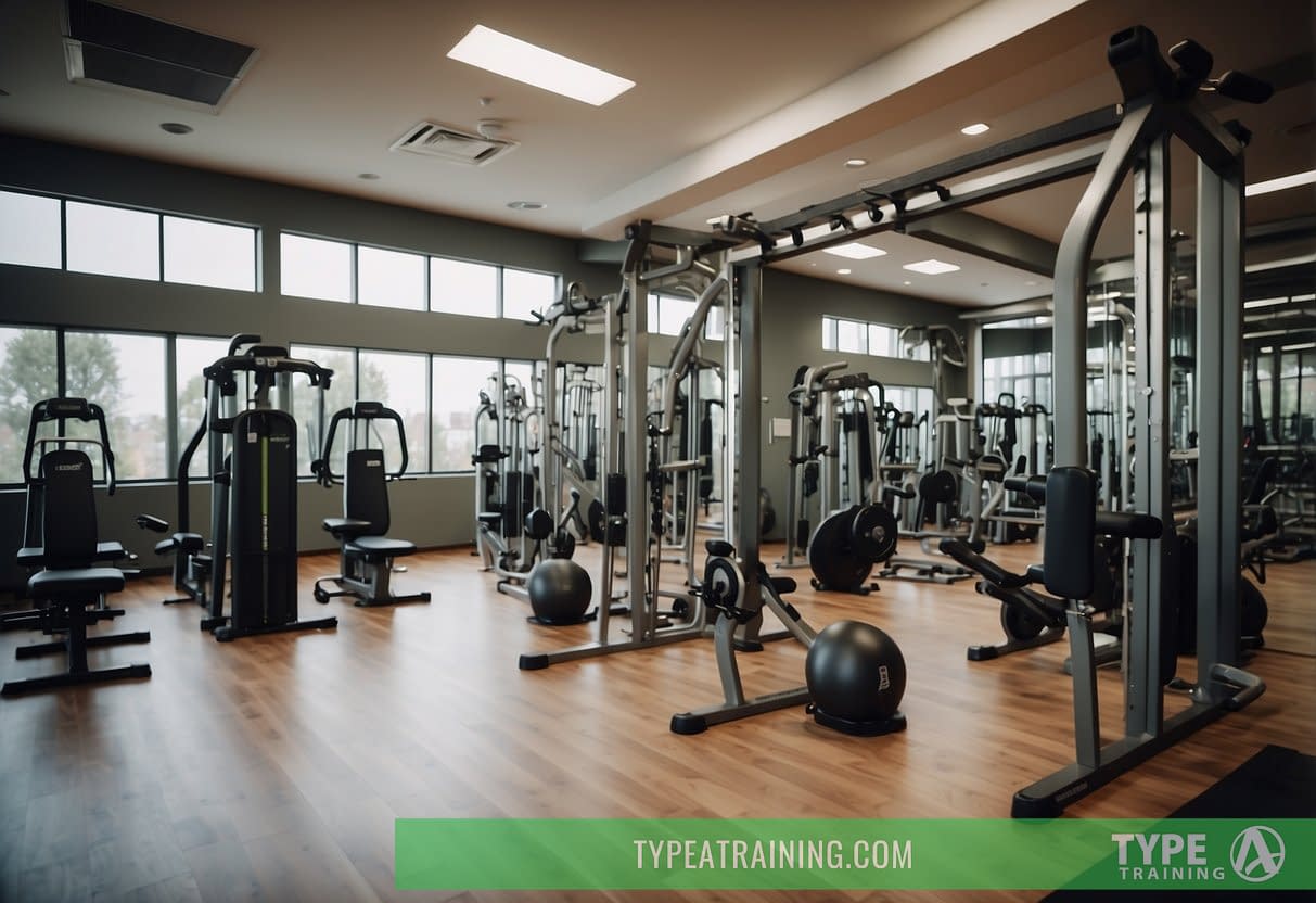 A circuit training setup with various exercise stations, including weights, mats, and cardio equipment, in a spacious, well-lit gym