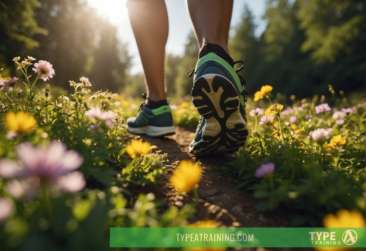 A runner selects lightweight shoes, breathable clothing, and a hydration pack. The sun shines on a blooming trail with green trees and colorful flowers