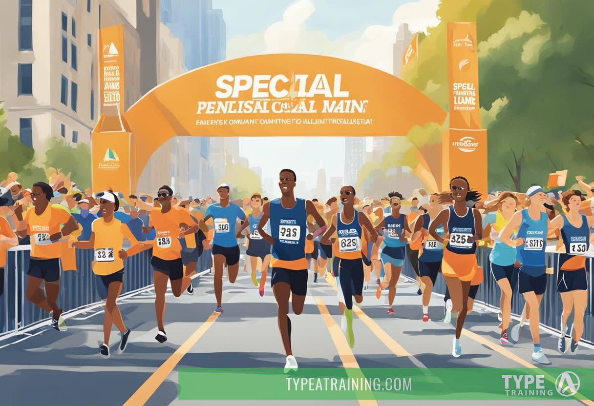 Runners crossing the finish line at the New York Marathon, with cheering crowds and a banner displaying "Special Programs and Initiatives Qualifying"