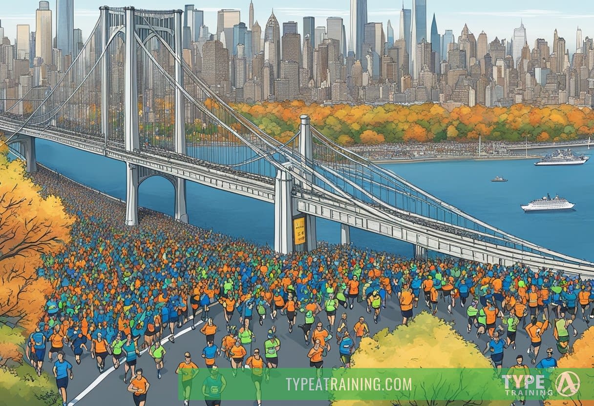 Runners crossing the iconic Verrazano-Narrows Bridge at the start of the NYC Marathon, surrounded by cheering crowds and the city skyline in the background