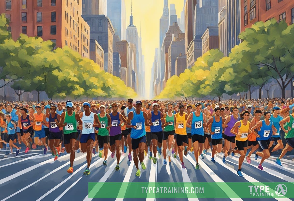 Runners line up at the starting point, eager and determined. The iconic New York City skyline looms in the background as the crowd buzzes with anticipation. The atmosphere is electric, filled with excitement and energy