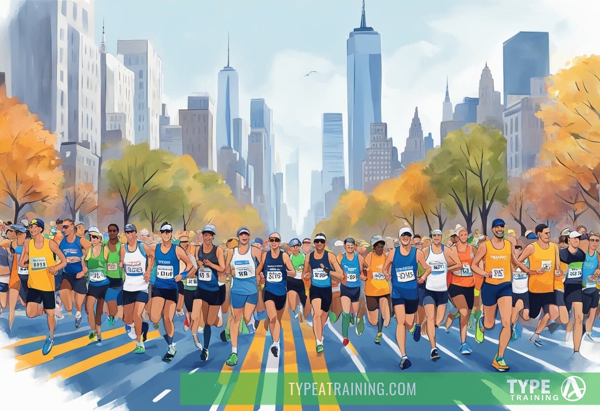 Runners crossing the finish line at the New York City Marathon, with cheering spectators and a city skyline in the background