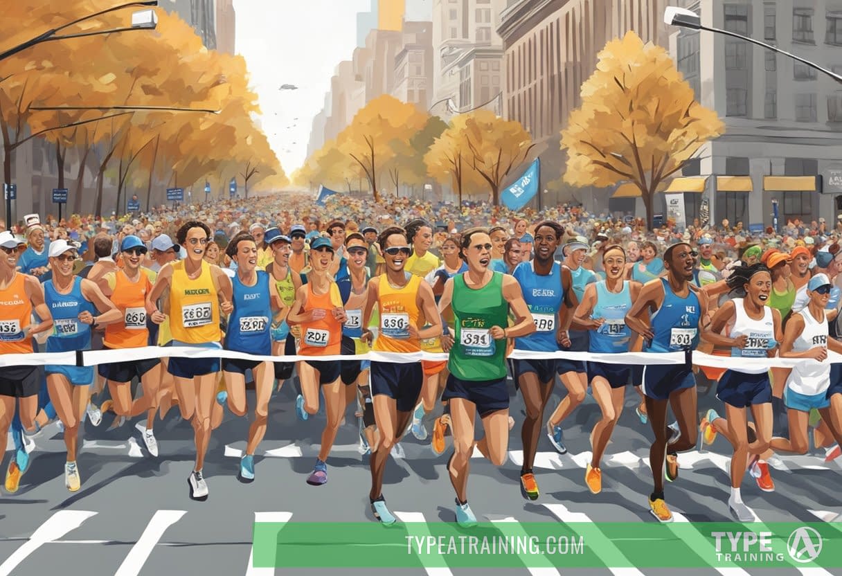 Runners crossing the finish line at the New York City Marathon, with cheering spectators lining the streets