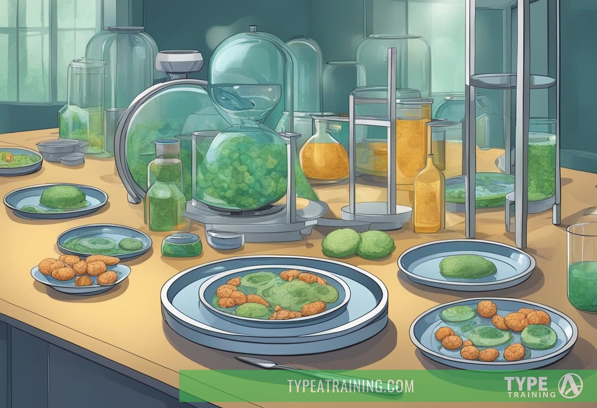 A lab setting with cells undergoing autophagy, surrounded by fasting-related imagery like empty plates and a clock