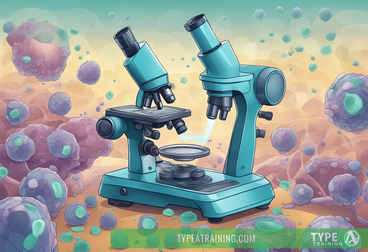 A microscope capturing the process of autophagy in action, with cellular structures breaking down and being recycled