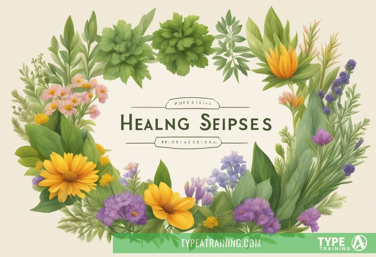 A variety of healing herbs and spices are arranged in a circle, each labeled with their names. The scene is set against a backdrop of a serene garden with colorful flowers and lush greenery