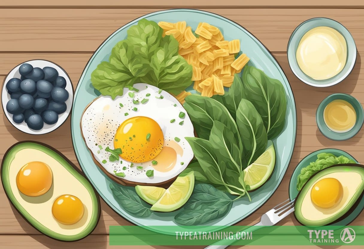A plate with healthy keto-friendly foods like avocados, eggs, and leafy greens. A separate plate with high-carb, sugary foods like bread and pasta. A scale showing weight loss