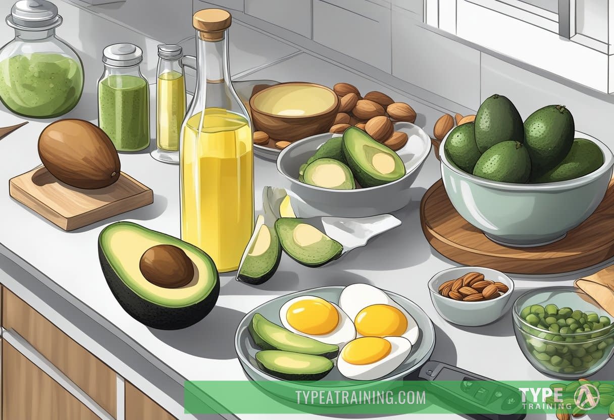 A kitchen counter with a variety of low-carb, high-fat foods such as avocados, nuts, eggs, and olive oil. A scale and measuring cups are nearby, along with a list of pros and cons of the ketogenic diet