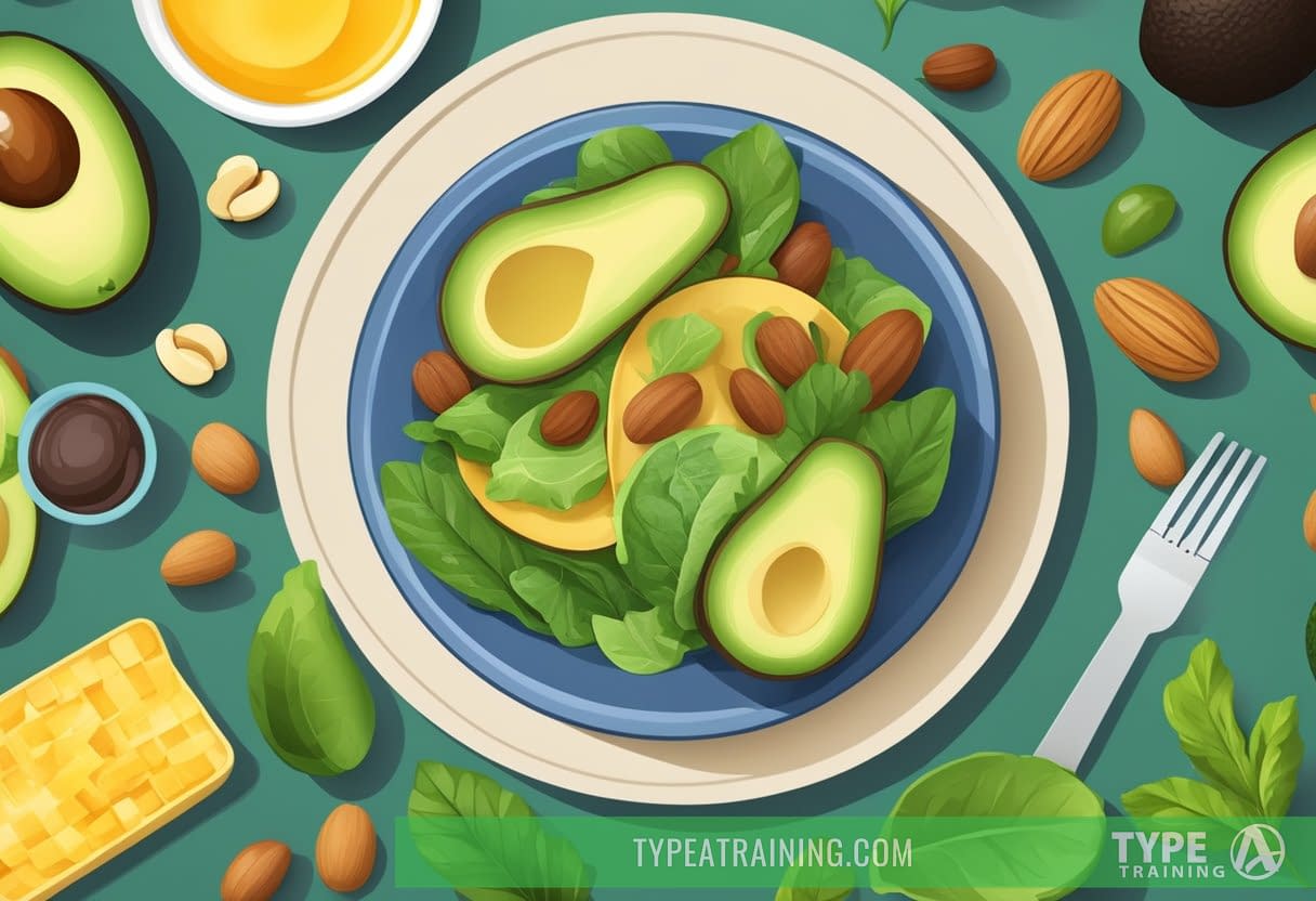 A colorful plate with a variety of low-carb, high-fat foods like avocados, nuts, and leafy greens. A scale showing weight loss and energy levels increasing