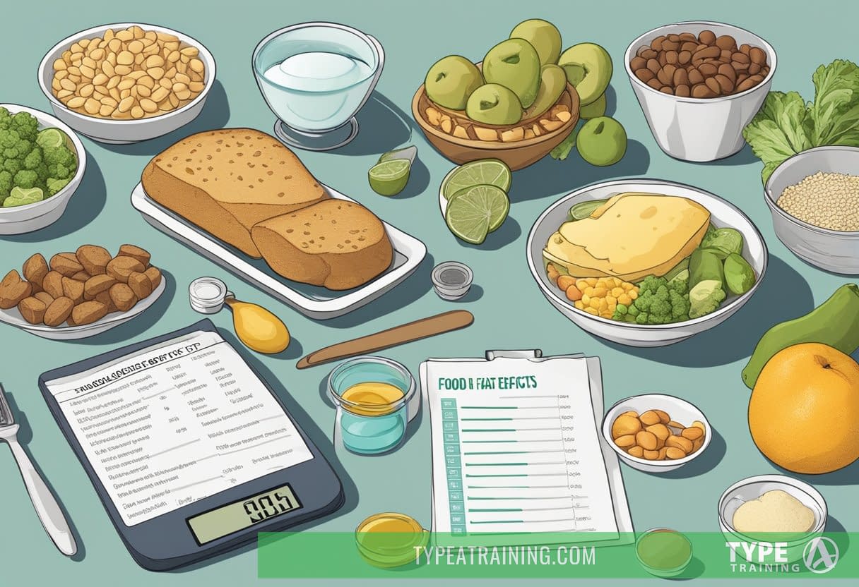 A table with a variety of food items including high-fat, low-carb options. A scale and measuring cups are nearby, along with a list of potential side effects and risks