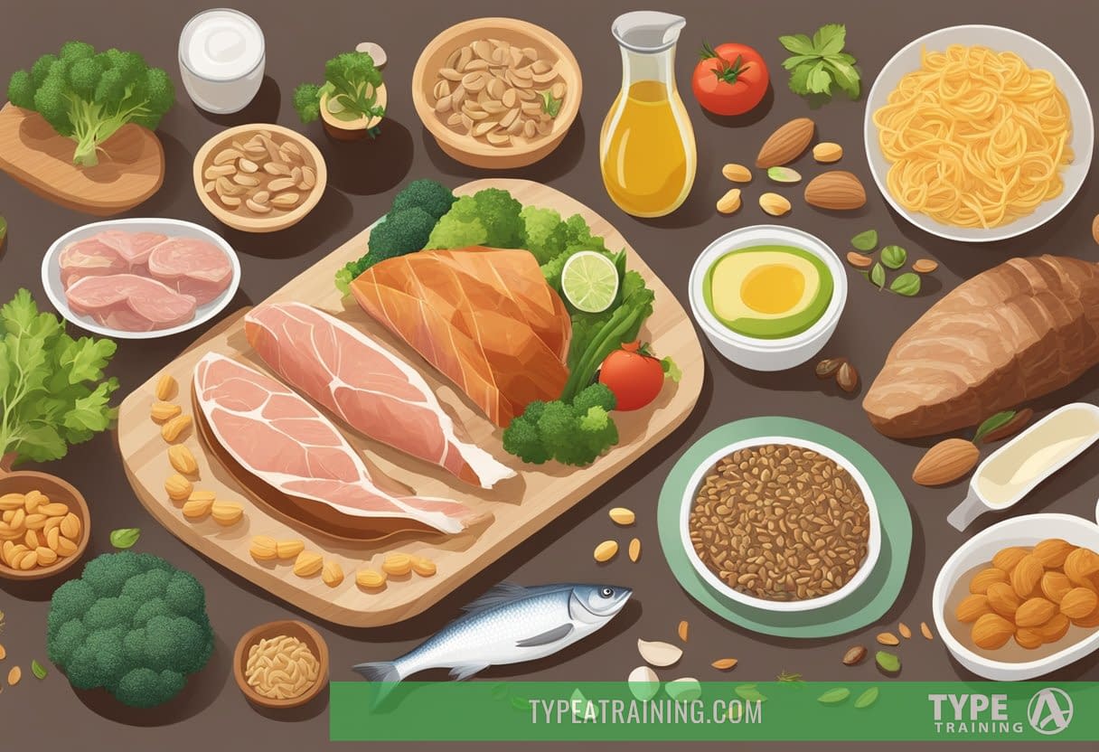 A table with a variety of food items: meats, fish, nuts, seeds, low-carb vegetables, and healthy fats. A separate section with high-carb foods like bread, pasta, and sugary snacks
