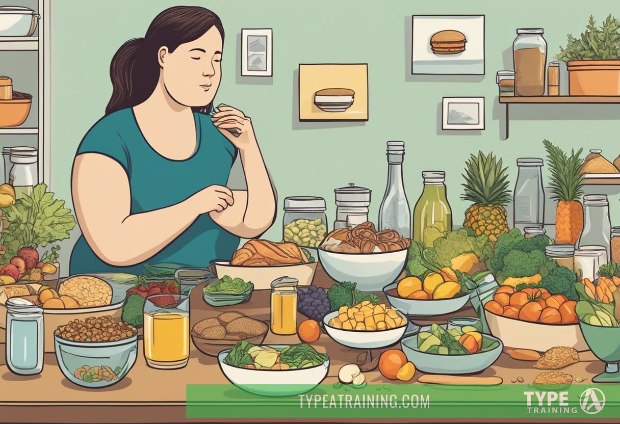 A table with various food items: high-fat, low-carb options alongside traditional carb-heavy foods. A person weighing the choices with a thoughtful expression