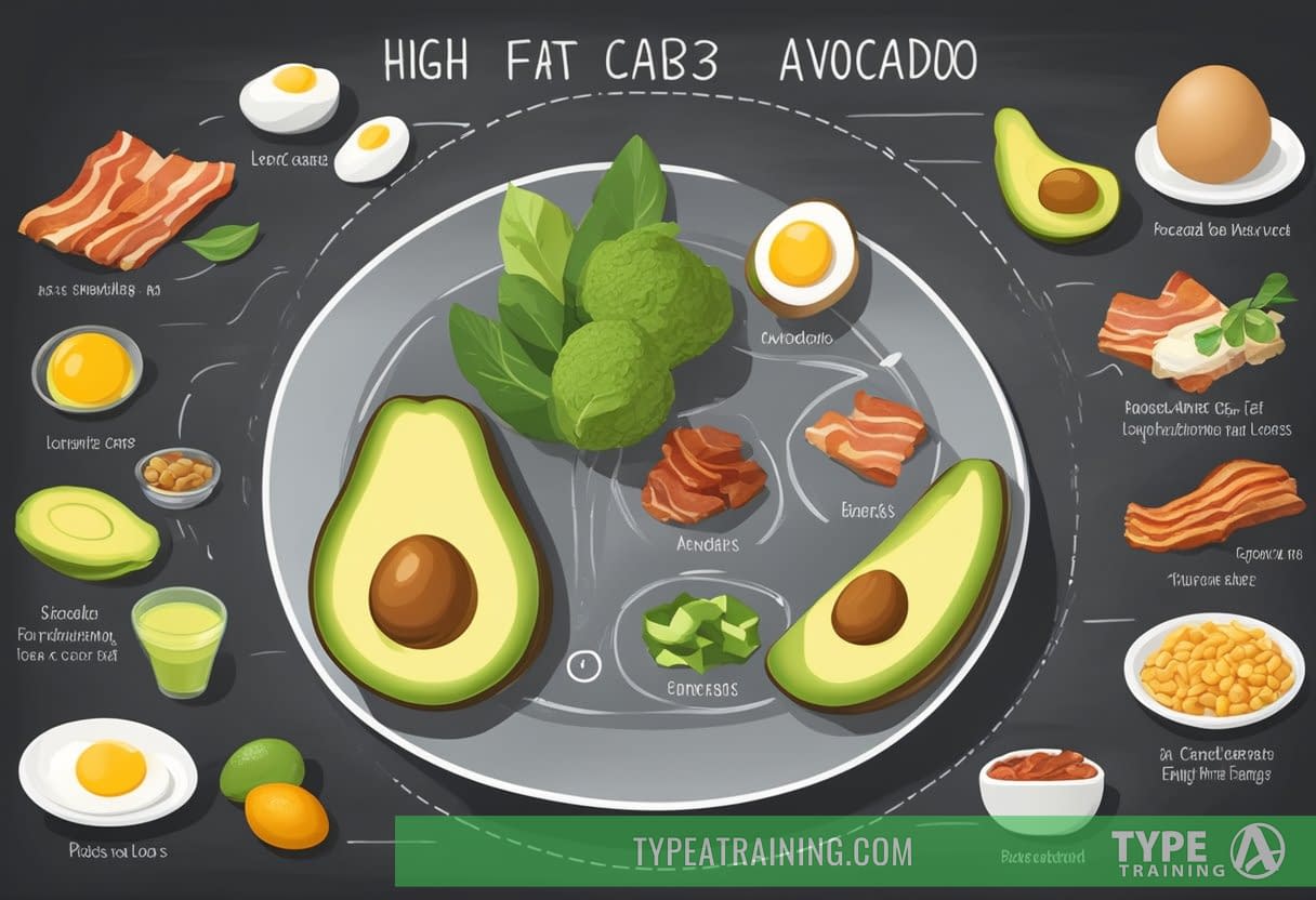 A plate with high-fat, low-carb foods like avocado, eggs, and bacon. A scale showing weight loss and energy levels fluctuating. Pros and cons listed on a chalkboard
