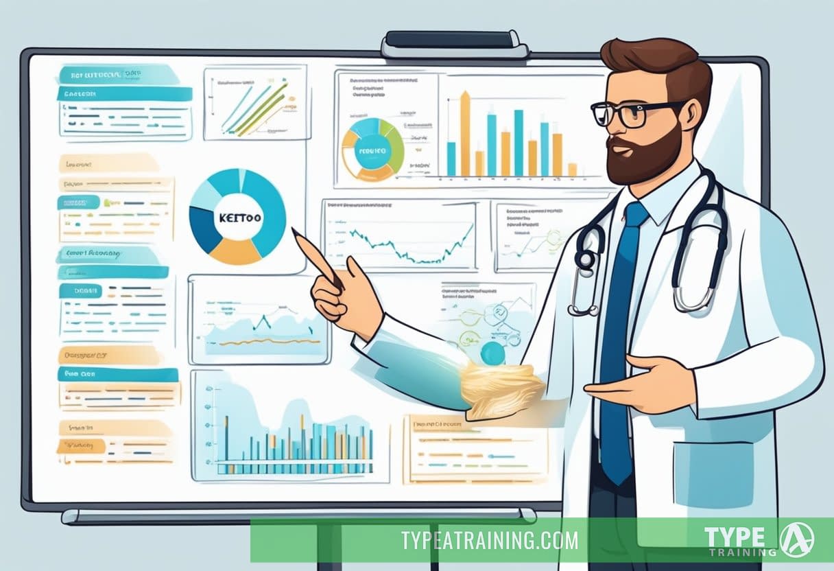 A doctor explains keto diet benefits and risks with a whiteboard. Charts and diagrams support the discussion