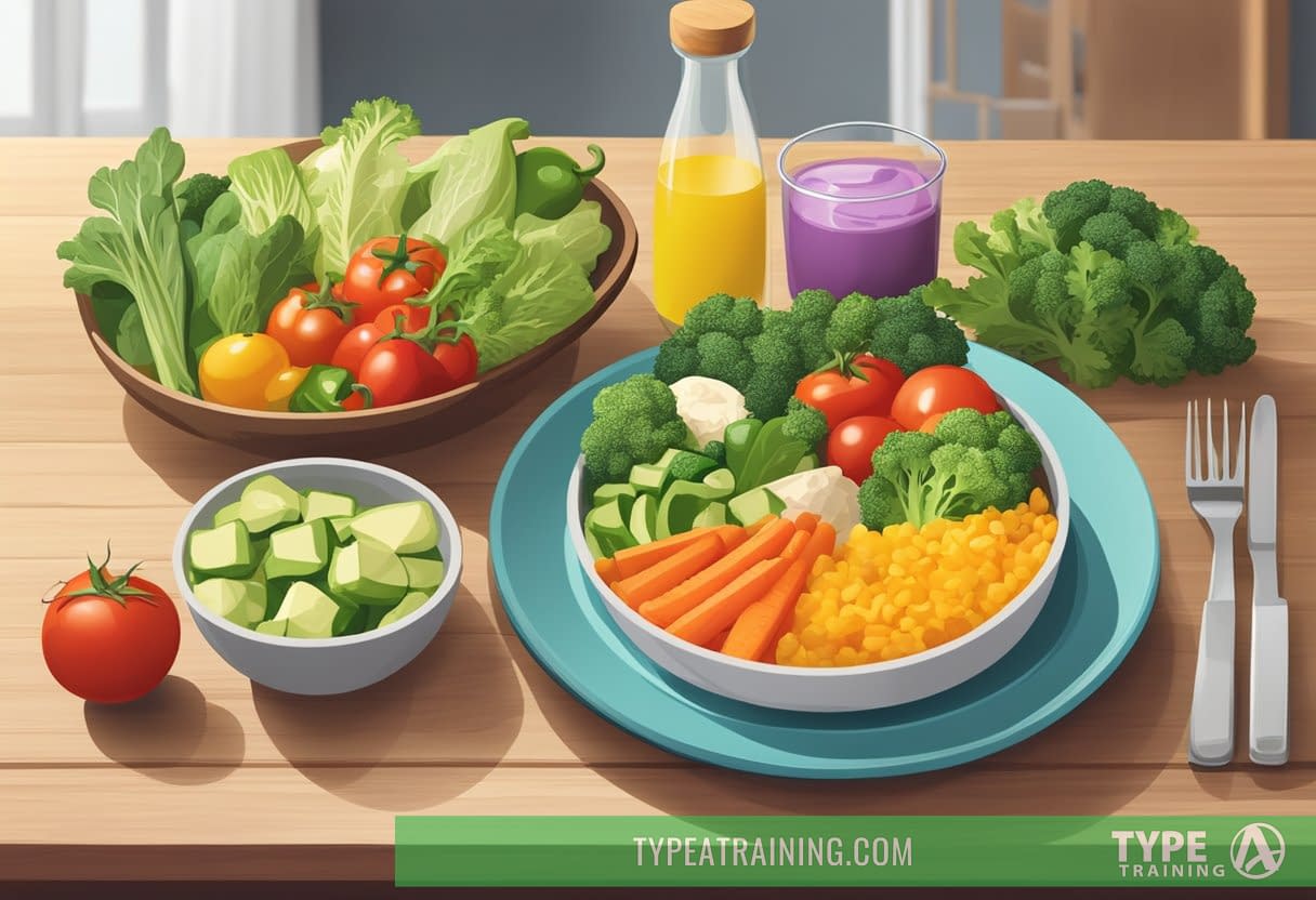 A colorful plate filled with low-carb vegetables, healthy fats, and lean protein sits on a wooden table. A Keto cookbook and measuring cups are nearby