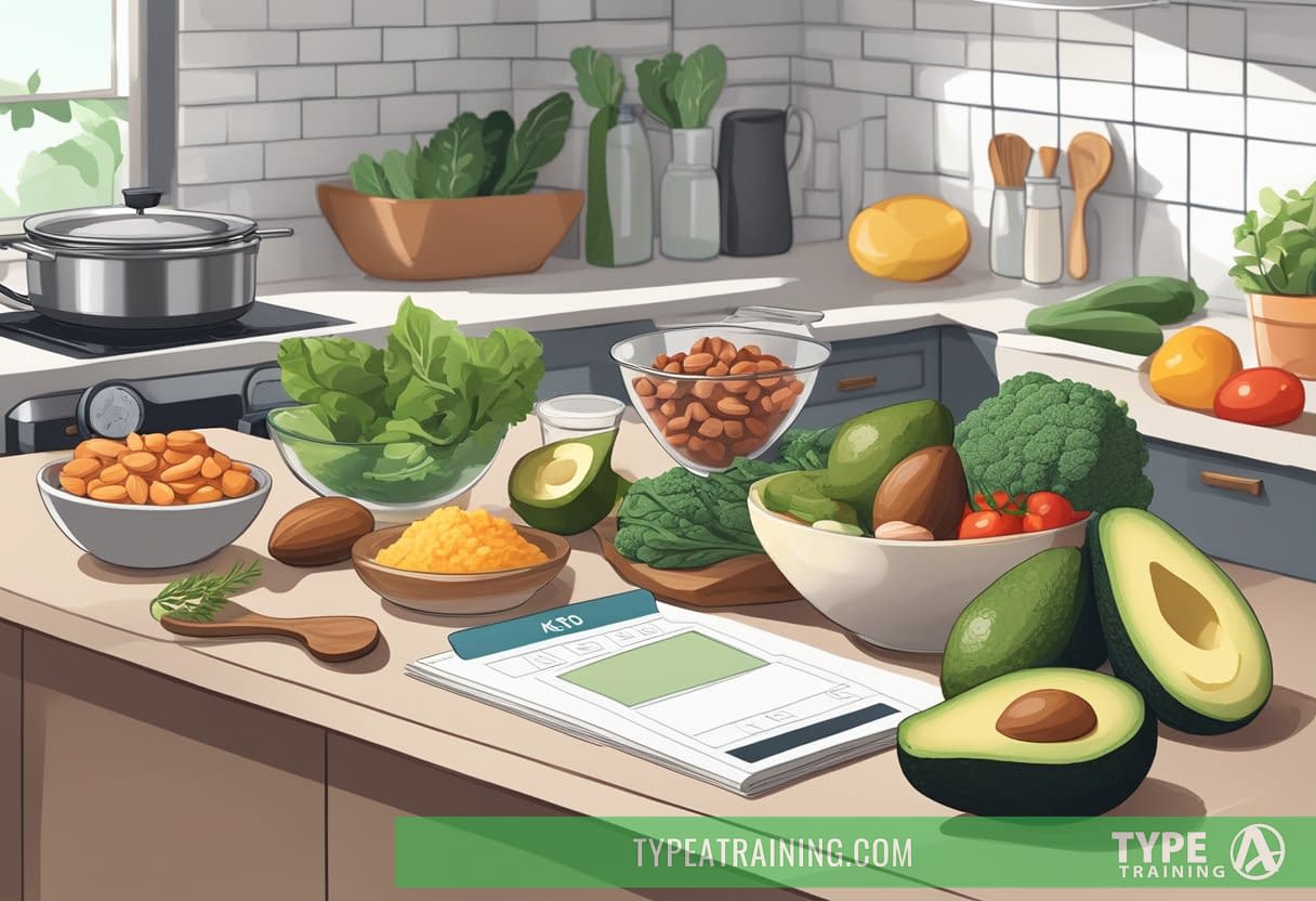 A kitchen counter with a variety of keto-friendly foods and ingredients, including avocados, nuts, lean meats, and leafy greens. A scale and measuring cups are nearby, along with a cookbook open to a keto recipe