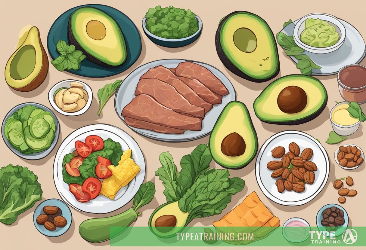 A dining table with various keto-friendly foods and ingredients, including avocados, nuts, leafy greens, and lean meats. A list of FAQs and pros and cons of the keto diet is laid out alongside the spread