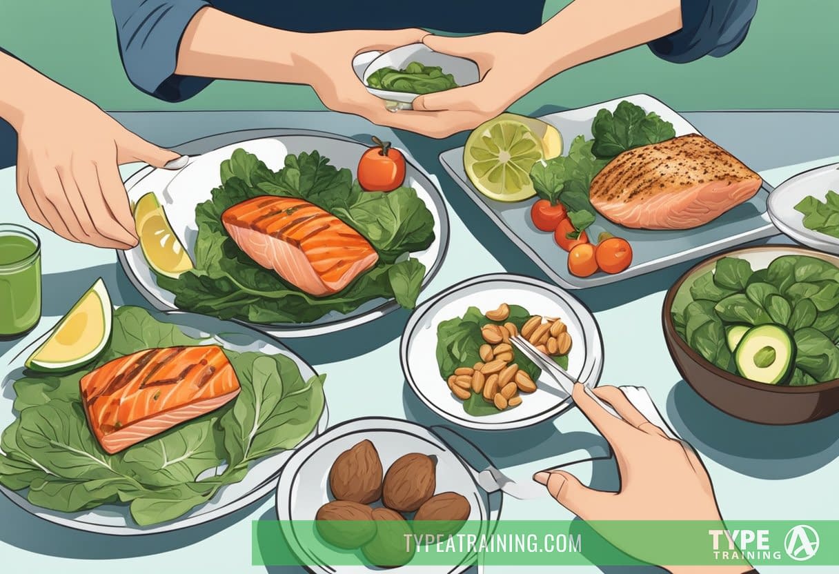 A table set with low-carb, high-fat foods: avocados, salmon, leafy greens, and nuts. A woman's hand reaches for a plate of grilled chicken and vegetables