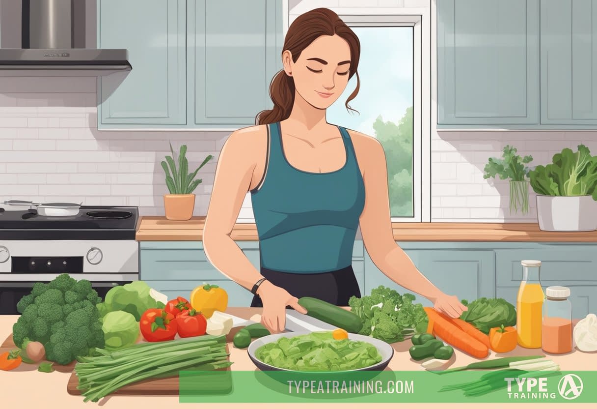 A woman preparing keto-friendly meals in a modern kitchen with fresh vegetables and lean protein. A yoga mat and workout gear are nearby